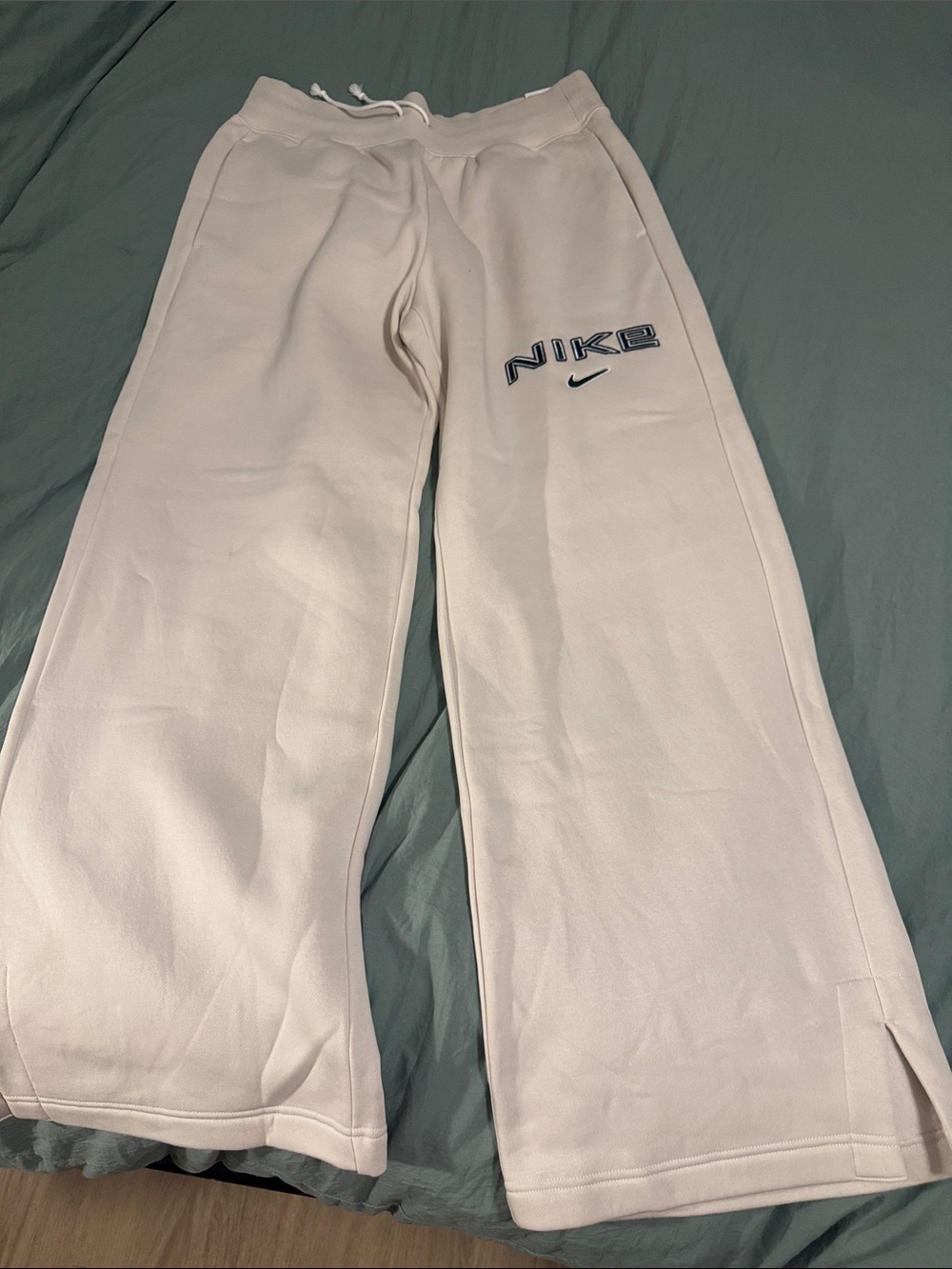 Nike Cream Wide Leg Sweatpants with Navy Logo